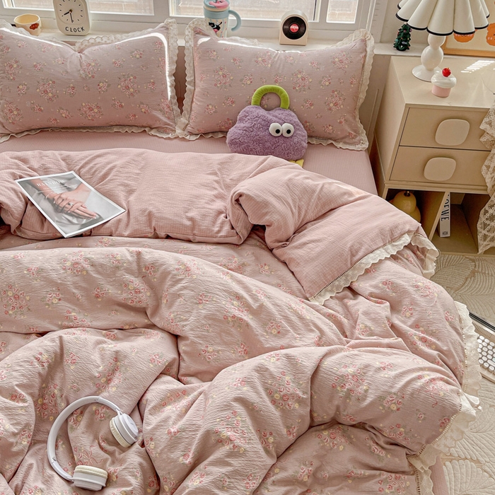 91家纺网 家纺一手货源 找家纺 梦莱斯 2025新款云感木棉皱皱双层纱全棉花边四件套 素颜