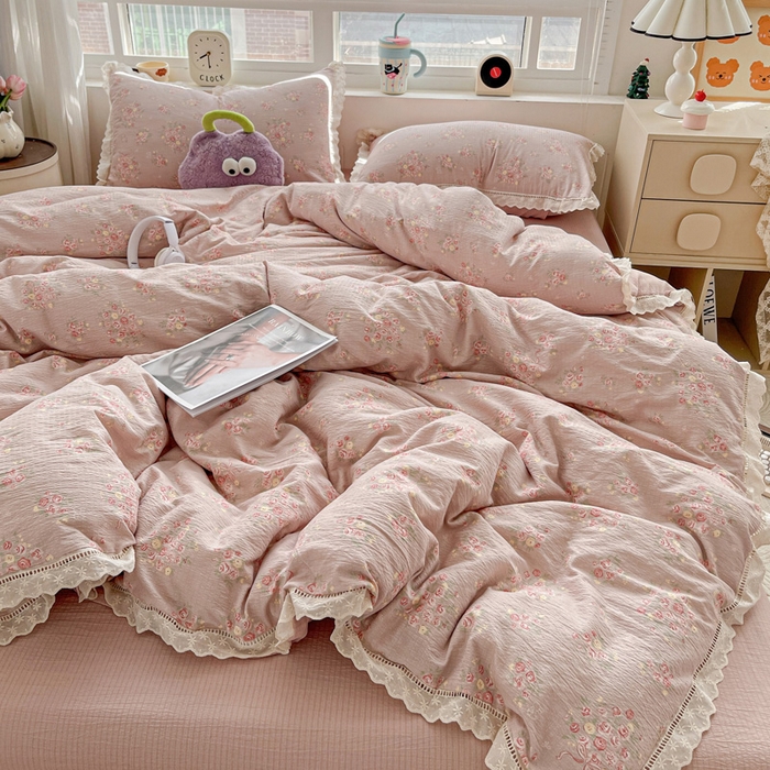 91家纺网 家纺一手货源 找家纺 梦莱斯 2025新款云感木棉皱皱双层纱全棉花边四件套 素颜