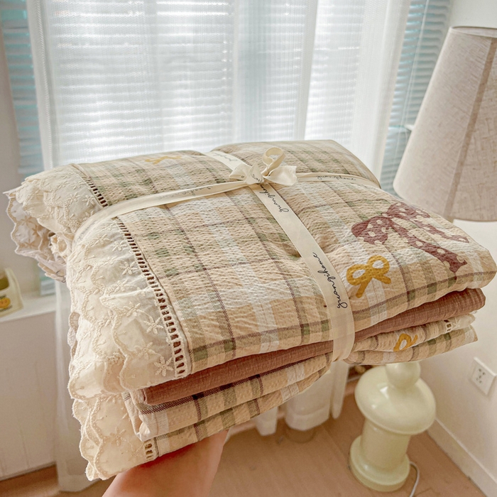 梦莱斯 2025新款云感木棉皱皱双层纱全棉花边四件套 太妃糖