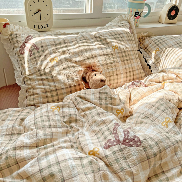 91家纺网 家纺一手货源 找家纺 梦莱斯 2025新款云感木棉皱皱双层纱全棉花边四件套 太妃糖