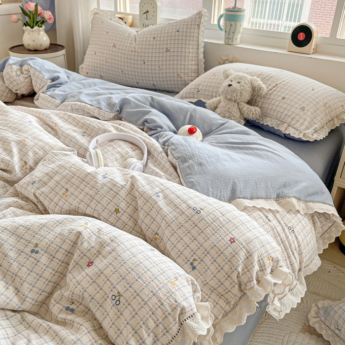 91家纺网 家纺一手货源 找家纺 梦莱斯 2025新款云感木棉皱皱双层纱全棉花边四件套 遇见