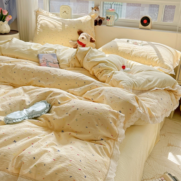 91家纺网 家纺一手货源 找家纺 梦莱斯 2025新款云感木棉皱皱双层纱全棉花边四件套 芝士奶酪