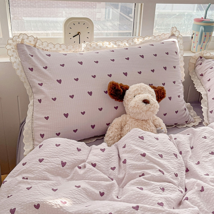 91家纺网 家纺一手货源 找家纺 梦莱斯 2025新款云感木棉皱皱双层纱全棉花边四件套 紫爱心