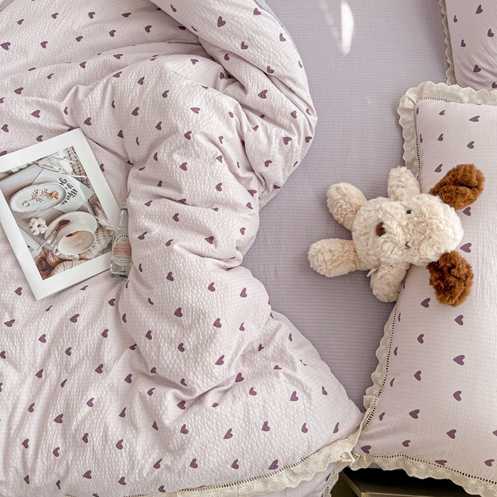 91家纺网 家纺一手货源 找家纺 梦莱斯 2025新款云感木棉皱皱双层纱全棉花边四件套 紫爱心