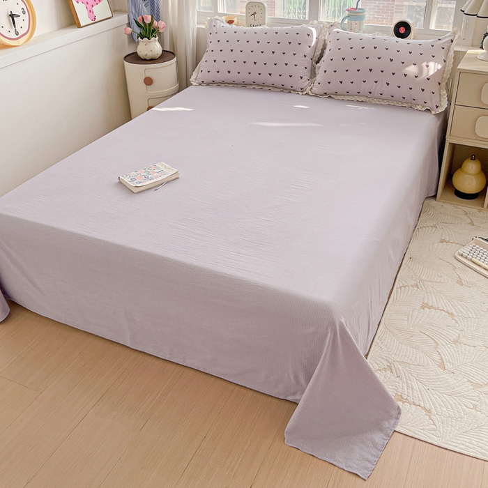 91家纺网 家纺一手货源 找家纺 梦莱斯 2025新款云感木棉皱皱双层纱全棉花边四件套 紫爱心