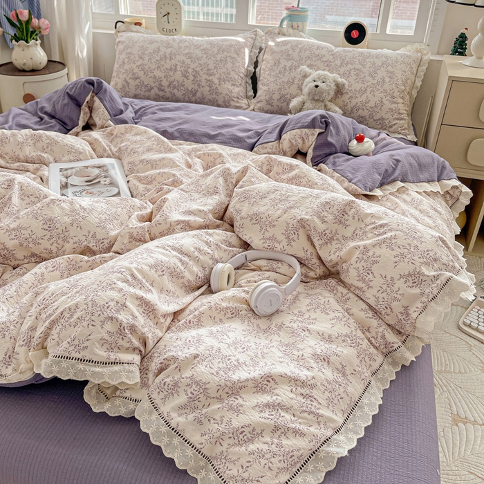 91家纺网 家纺一手货源 找家纺 梦莱斯 2025新款云感木棉皱皱双层纱全棉花边四件套 紫苏