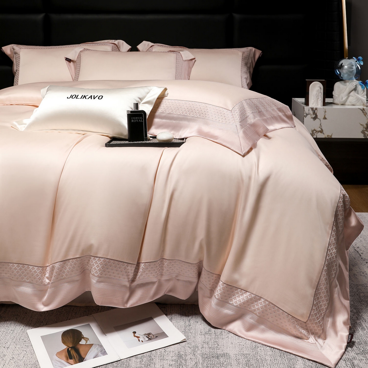 91家纺网 家纺一手货源 找家纺 （总）2025新款轻奢风A类贡缎长绒棉四件套全棉纯棉重工刺绣拼接被套纯色床单床笠高端床上用品