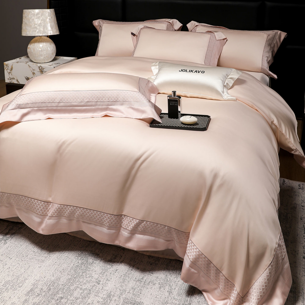 91家纺网 家纺一手货源 找家纺 （总）2025新款轻奢风A类贡缎长绒棉四件套全棉纯棉重工刺绣拼接被套纯色床单床笠高端床上用品