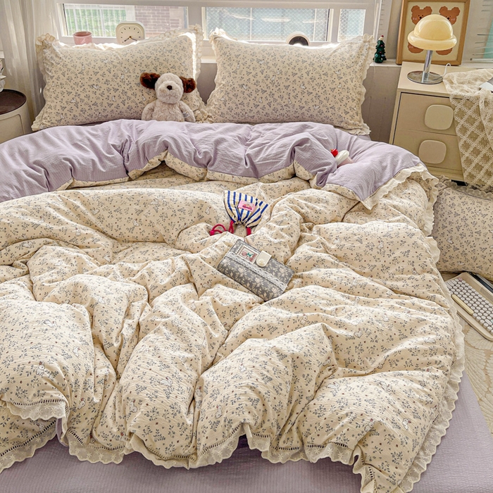 91家纺网 家纺一手货源 找家纺 梦莱斯 2025新款云感木棉皱皱双层纱全棉花边四件套 花园兔