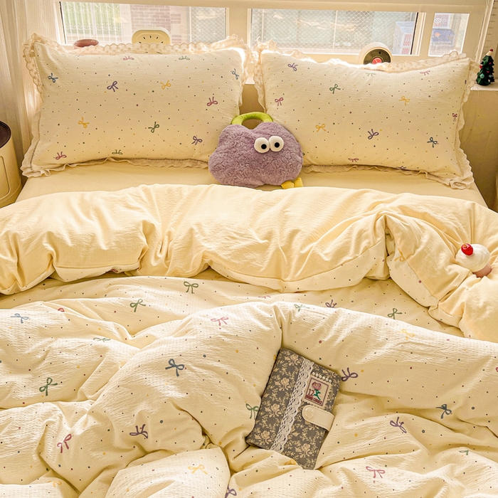 91家纺网 家纺一手货源 找家纺 梦莱斯 2025新款云感木棉皱皱双层纱全棉花边四件套 蜡笔画