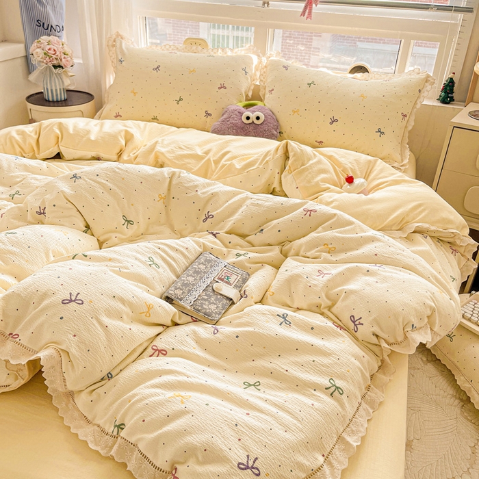 91家纺网 家纺一手货源 找家纺 梦莱斯 2025新款云感木棉皱皱双层纱全棉花边四件套 蜡笔画