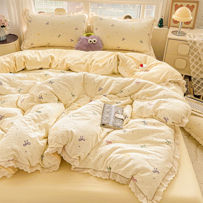 91家纺网 家纺一手货源 找家纺 梦莱斯 2025新款云感木棉皱皱双层纱全棉花边四件套 蜡笔画