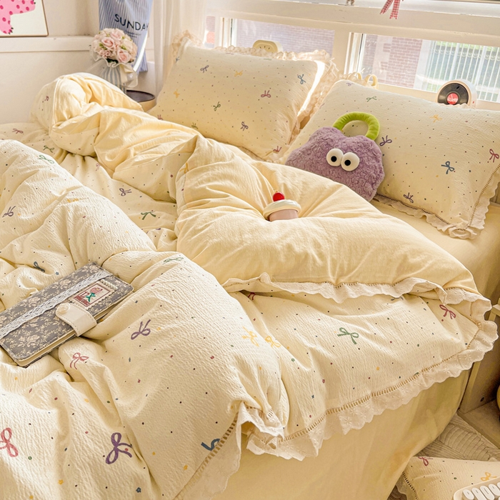 91家纺网 家纺一手货源 找家纺 梦莱斯 2025新款云感木棉皱皱双层纱全棉花边四件套 蜡笔画