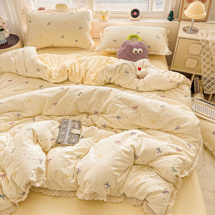 91家纺网 家纺一手货源 找家纺 梦莱斯 2025新款云感木棉皱皱双层纱全棉花边四件套 蜡笔画