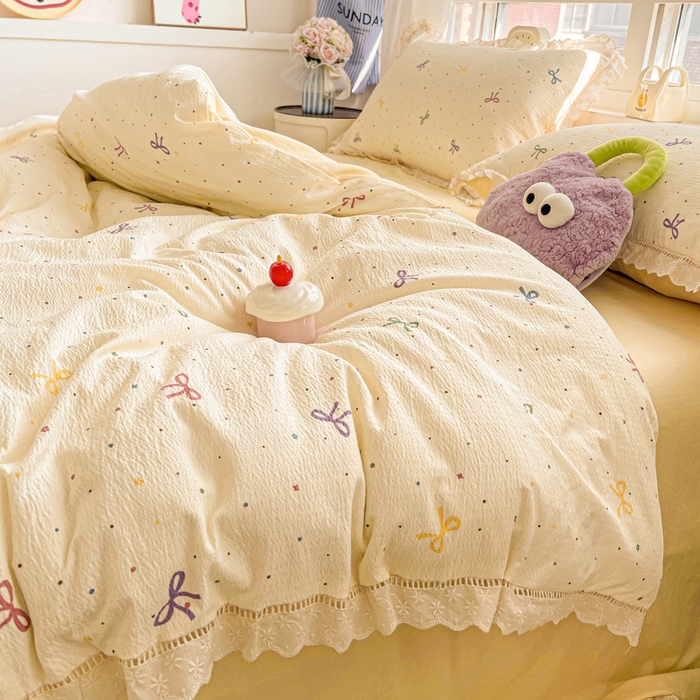 91家纺网 家纺一手货源 找家纺 梦莱斯 2025新款云感木棉皱皱双层纱全棉花边四件套 蜡笔画