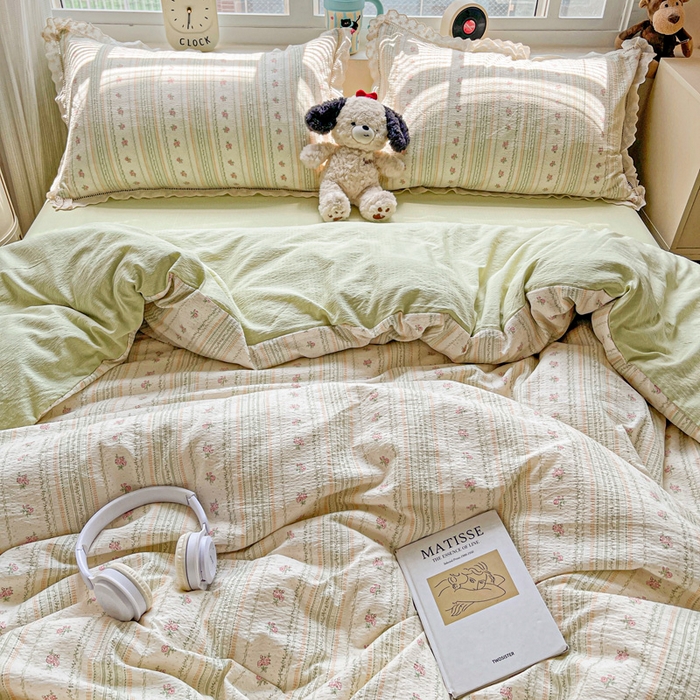 91家纺网 家纺一手货源 找家纺 梦莱斯 2025新款云感木棉皱皱双层纱全棉花边四件套 白茶-绿