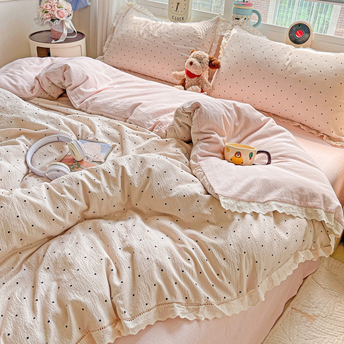 91家纺网 家纺一手货源 找家纺 梦莱斯 2025新款云感木棉皱皱双层纱全棉花边四件套 初恋