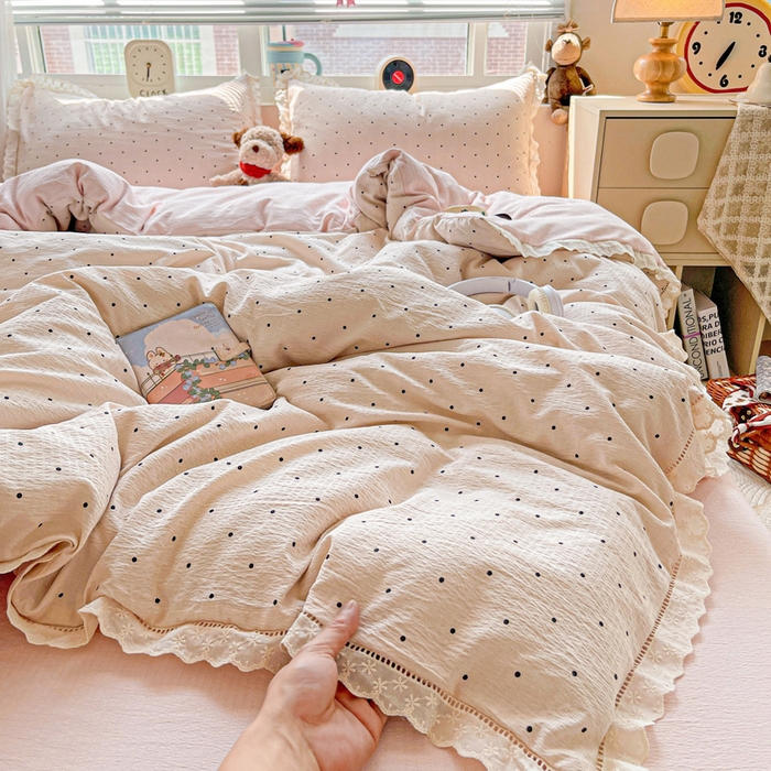 91家纺网 家纺一手货源 找家纺 梦莱斯 2025新款云感木棉皱皱双层纱全棉花边四件套 初恋