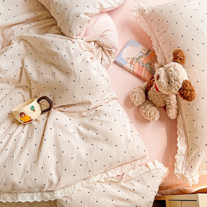 91家纺网 家纺一手货源 找家纺 梦莱斯 2025新款云感木棉皱皱双层纱全棉花边四件套 初恋