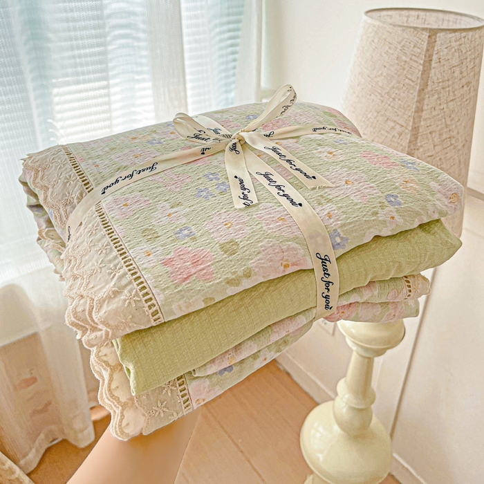 梦莱斯 2025新款云感木棉皱皱双层纱全棉花边四件套 莱茵河畔