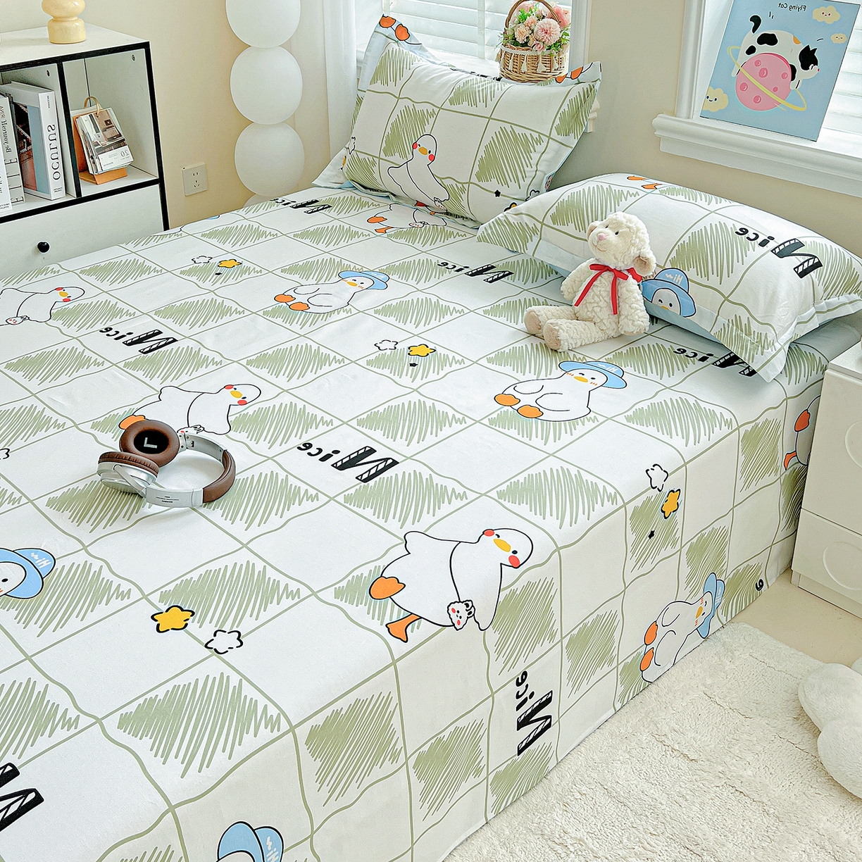 91家纺网 家纺一手货源 找家纺 恩泽家纺 2025新款加厚全棉纯棉印花系列床单单件-单床单 可爱鸭