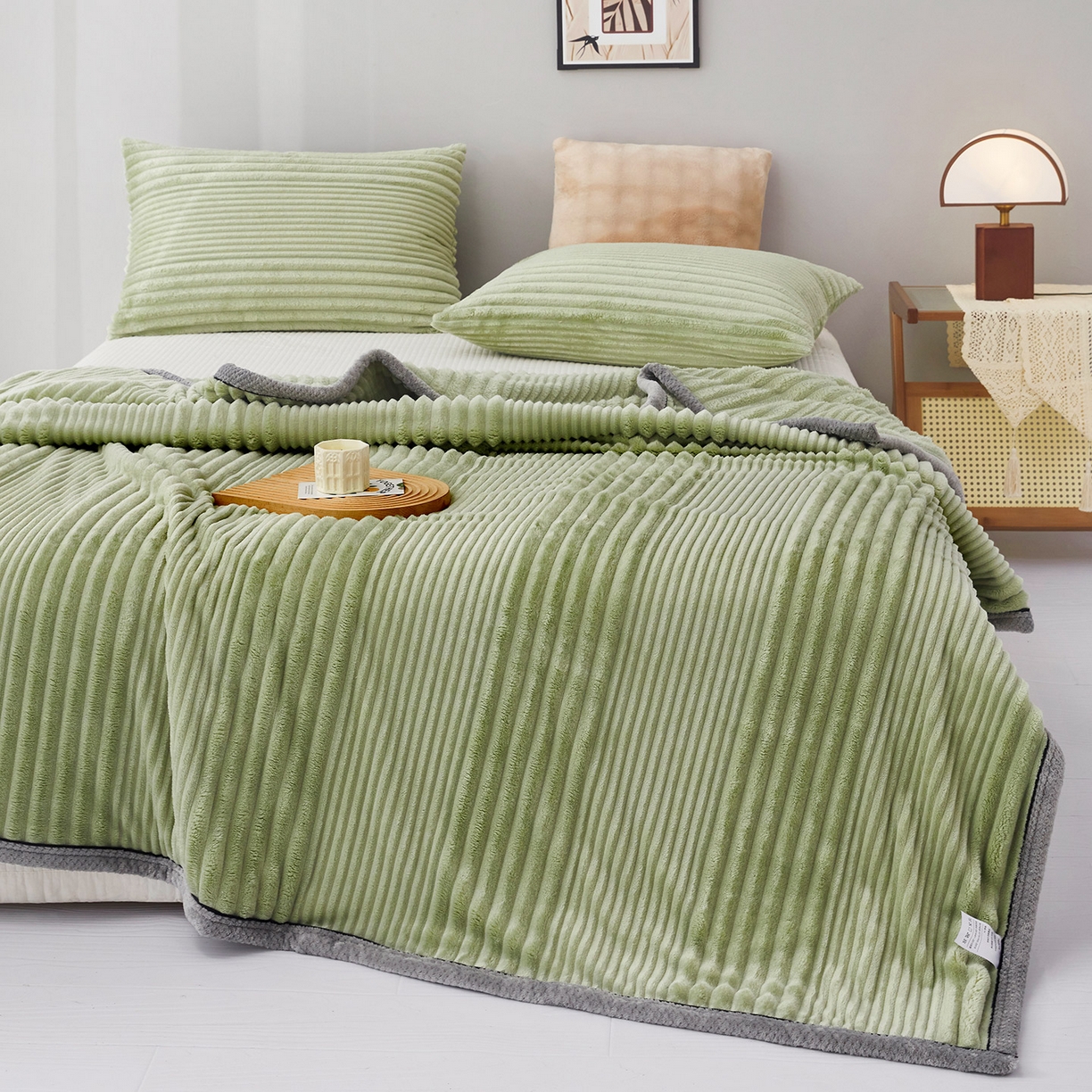 91家纺网 家纺一手货源 找家纺 肖恩毯业2025新款子母条兔毛绒毛毯盖毯休闲毯绒毯毯子跨境专供可打卷外贸出口可定制尺寸 子母-果绿