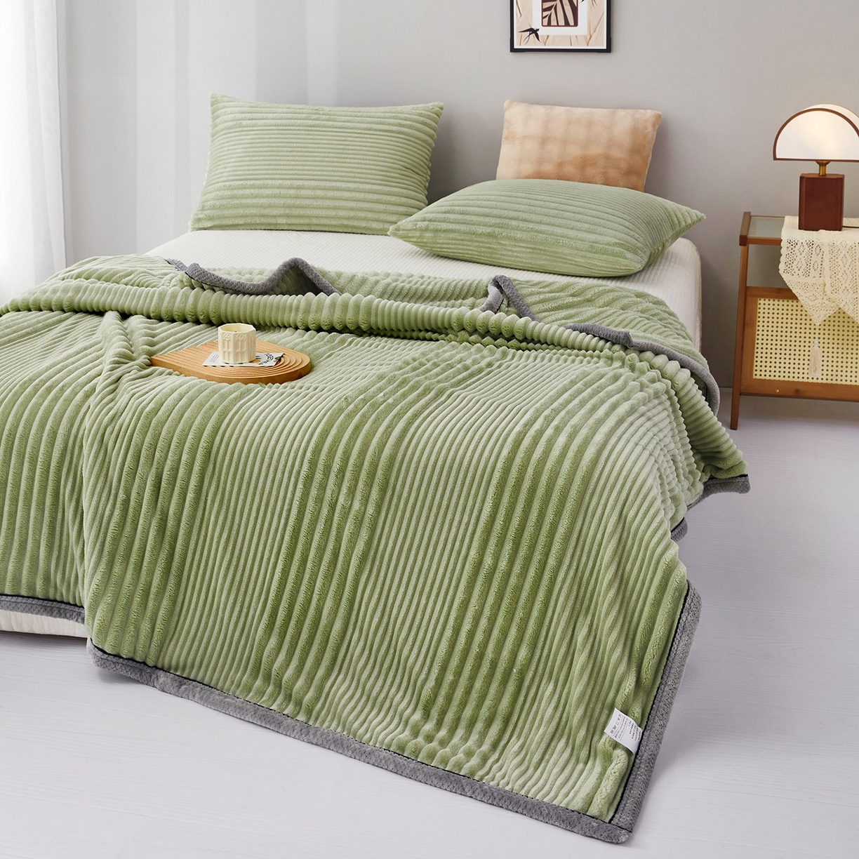 91家纺网 家纺一手货源 找家纺 肖恩毯业2025新款子母条兔毛绒毛毯盖毯休闲毯绒毯毯子跨境专供可打卷外贸出口可定制尺寸 子母-果绿