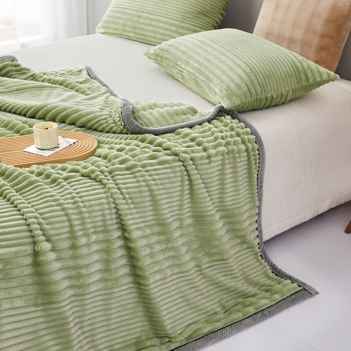 91家纺网 家纺一手货源 找家纺 肖恩毯业2025新款子母条兔毛绒毛毯盖毯休闲毯绒毯毯子跨境专供可打卷外贸出口可定制尺寸 子母-果绿