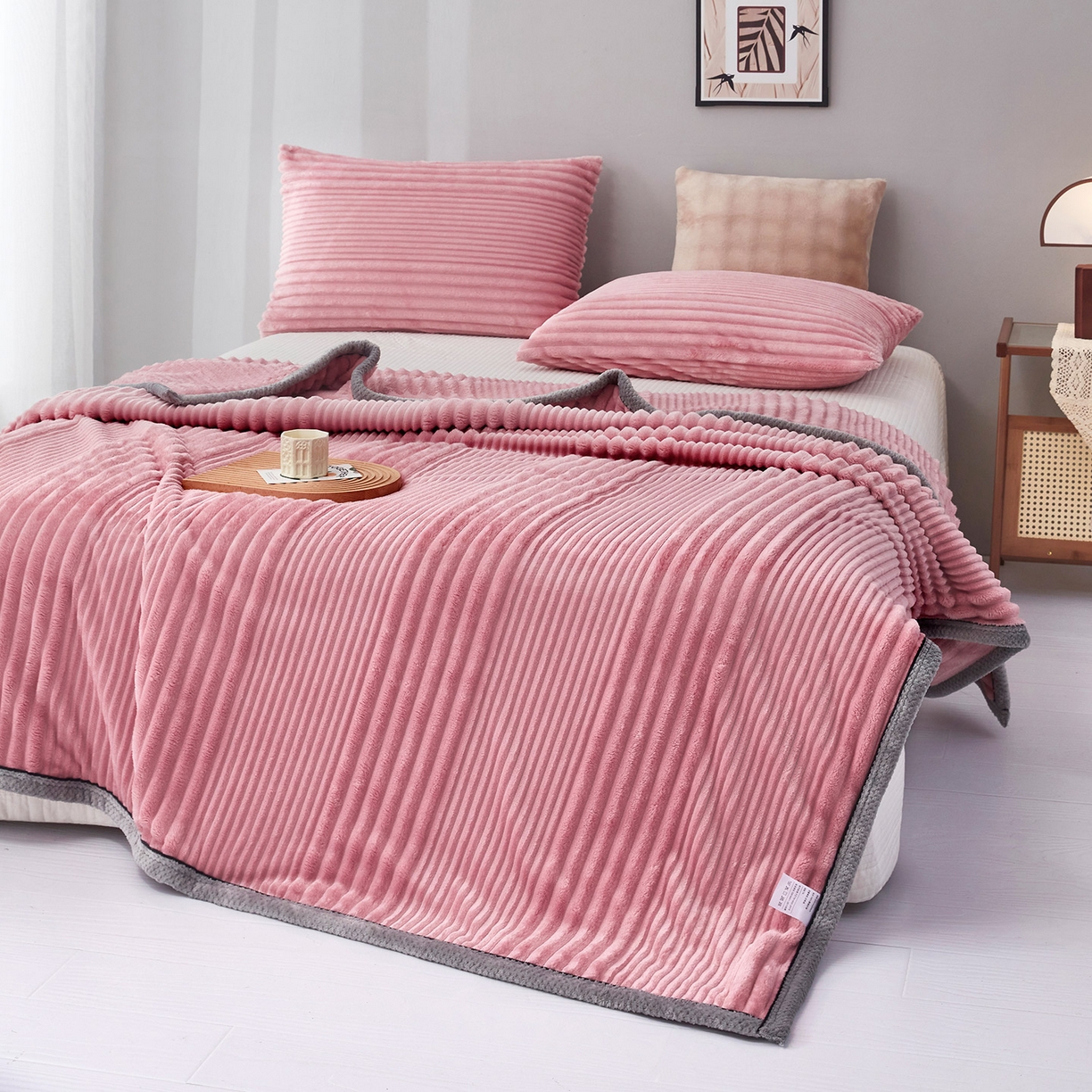 91家纺网 家纺一手货源 找家纺 肖恩毯业2025新款子母条兔毛绒毛毯盖毯休闲毯绒毯毯子跨境专供可打卷外贸出口可定制尺寸 子母-豆沙