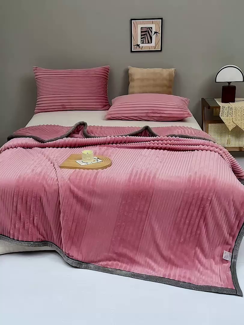 91家纺网 家纺一手货源 找家纺 肖恩毯业2025新款子母条兔毛绒毛毯盖毯休闲毯绒毯毯子跨境专供可打卷外贸出口可定制尺寸 子母-豆沙