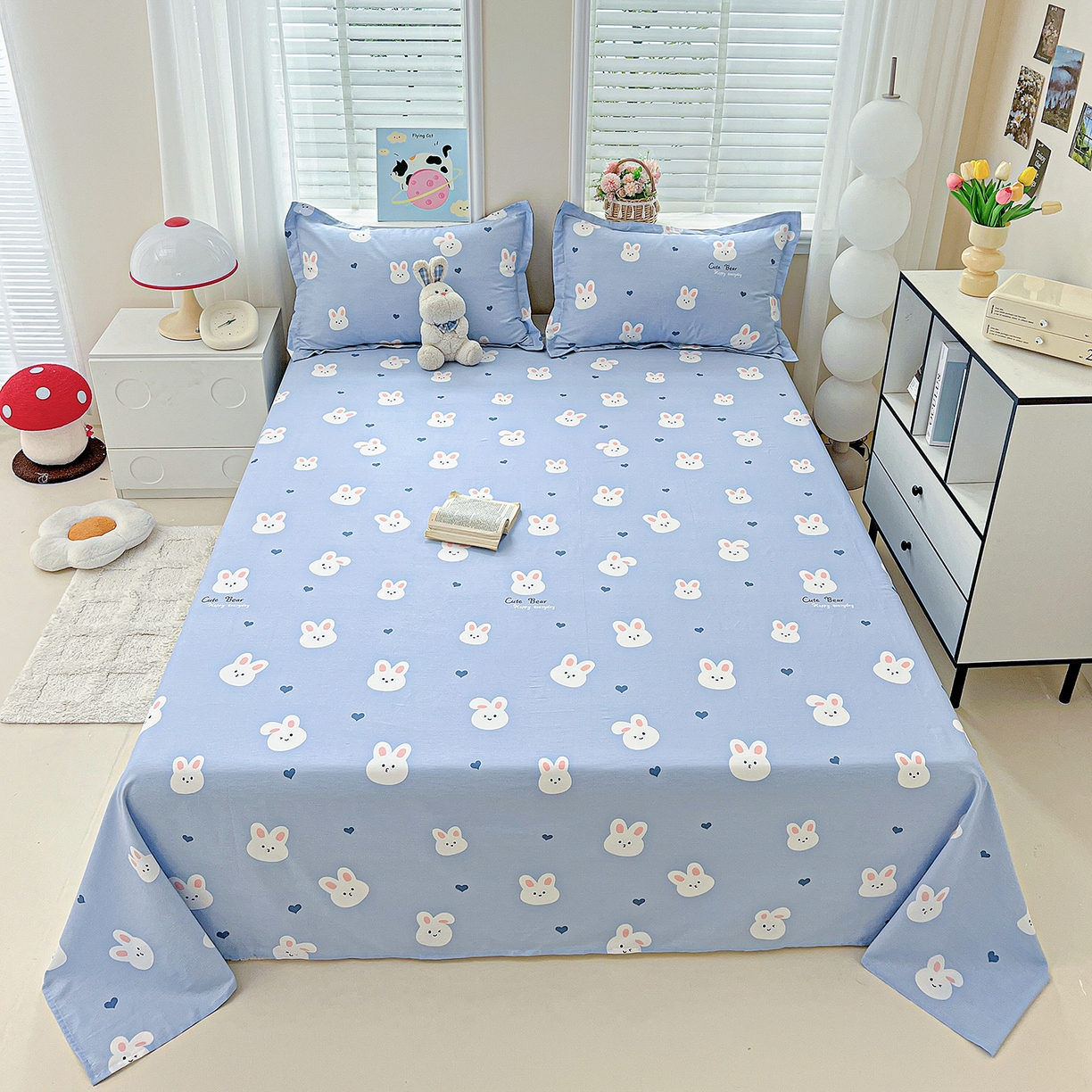 恩泽家纺 2025新款加厚全棉纯棉印花系列床单单件-单床单 桃心小兔