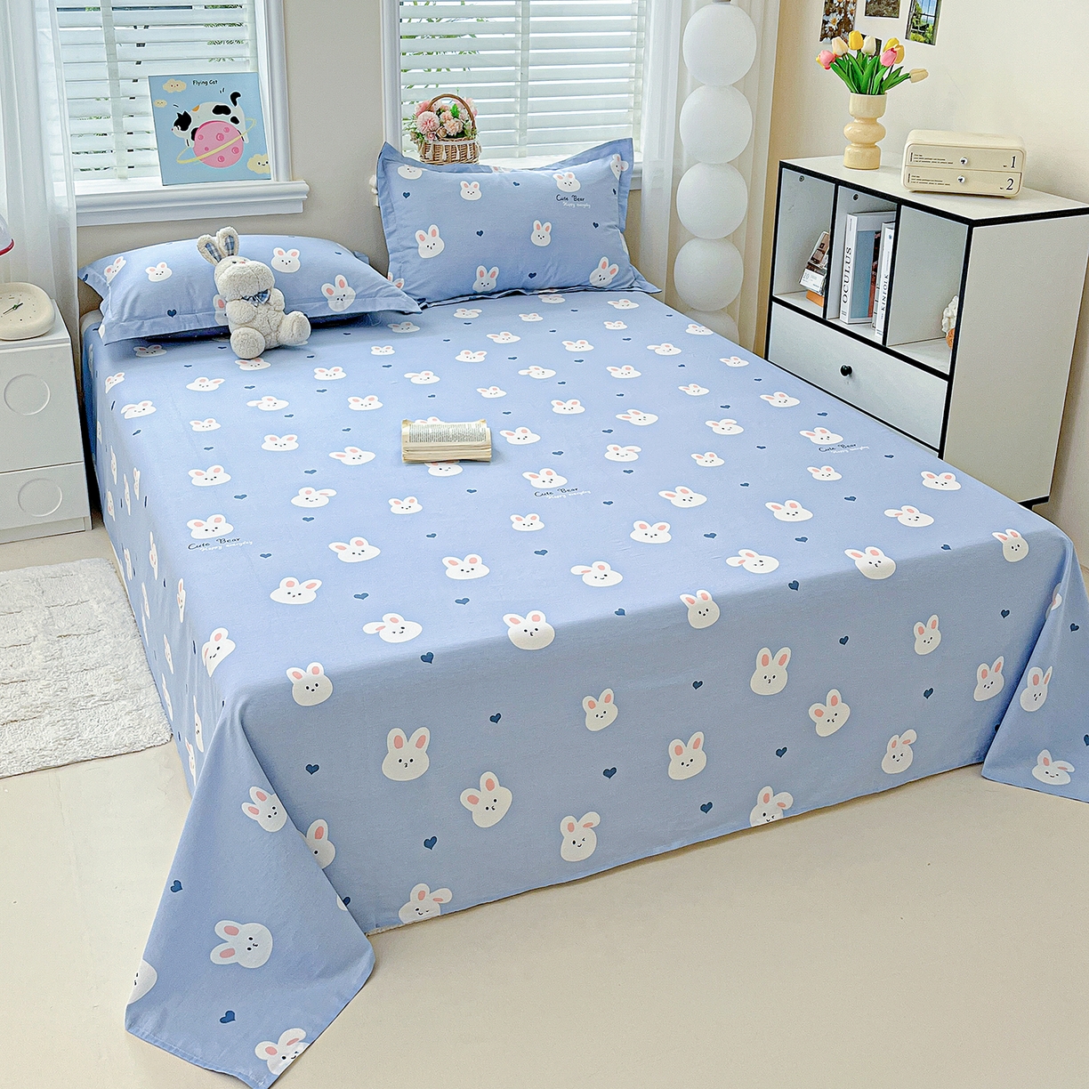 91家纺网 家纺一手货源 找家纺 恩泽家纺 2025新款加厚全棉纯棉印花系列床单单件-单床单 桃心小兔