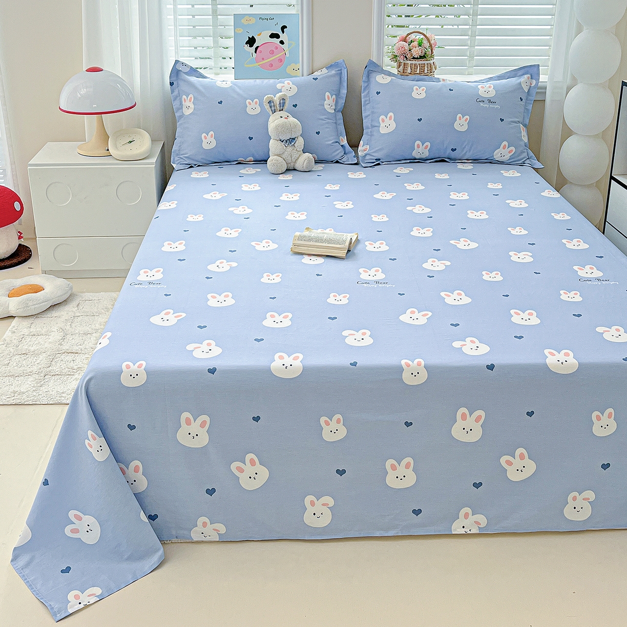 91家纺网 家纺一手货源 找家纺 恩泽家纺 2025新款加厚全棉纯棉印花系列床单单件-单床单 桃心小兔