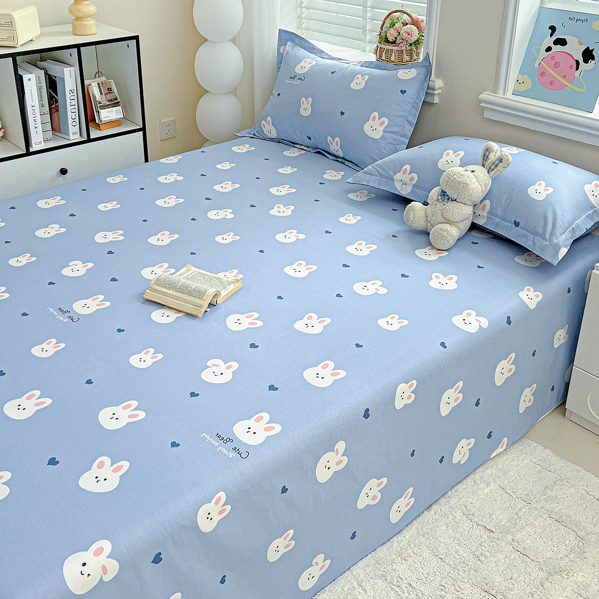 91家纺网 家纺一手货源 找家纺 恩泽家纺 2025新款加厚全棉纯棉印花系列床单单件-单床单 桃心小兔