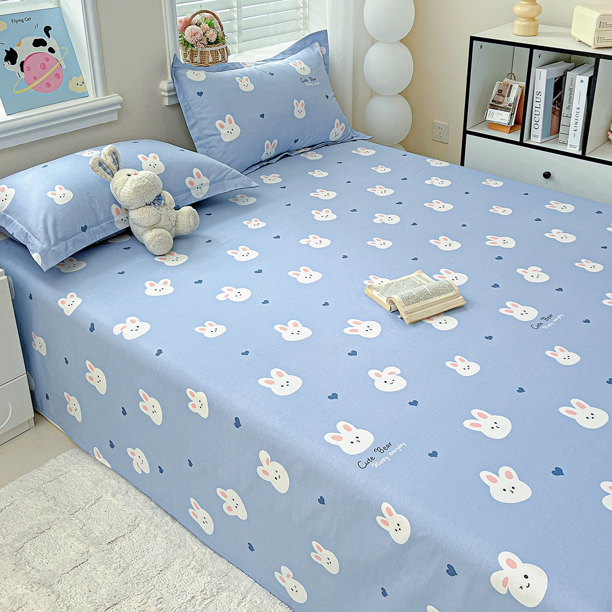 91家纺网 家纺一手货源 找家纺 恩泽家纺 2025新款加厚全棉纯棉印花系列床单单件-单床单 桃心小兔