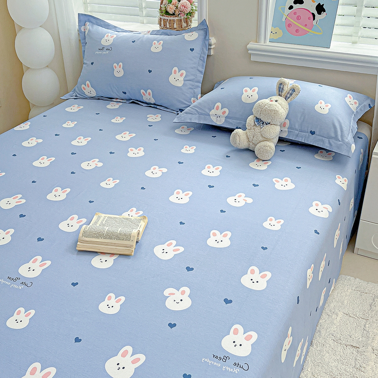 91家纺网 家纺一手货源 找家纺 恩泽家纺 2025新款加厚全棉纯棉印花系列床单单件-单床单 桃心小兔