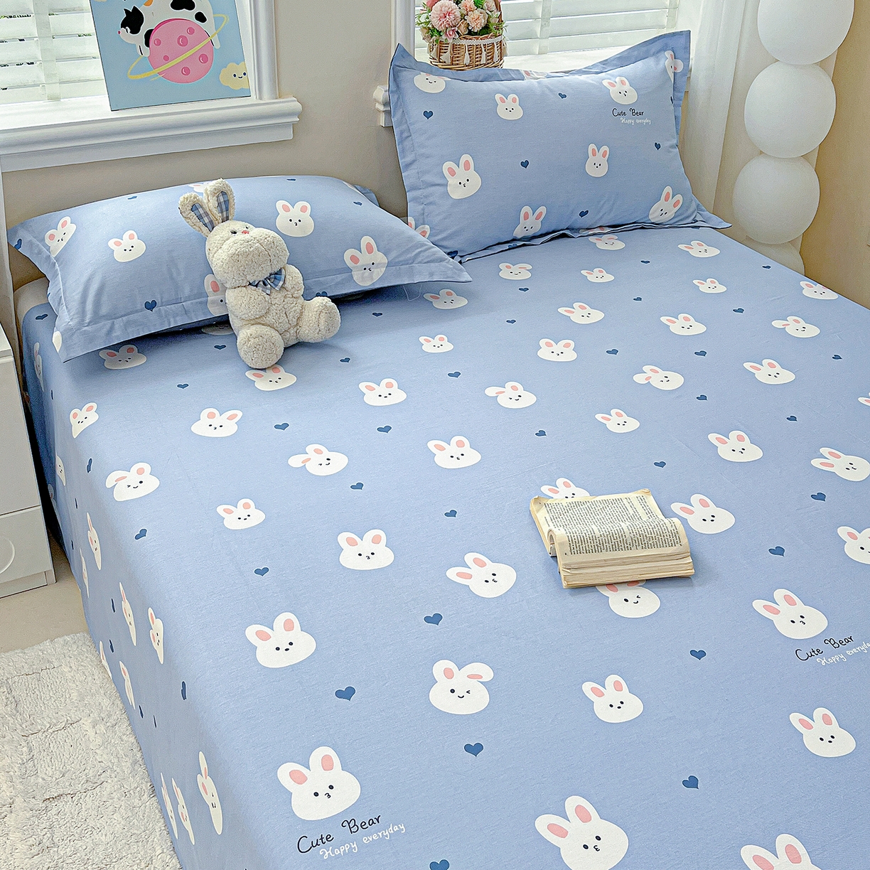 91家纺网 家纺一手货源 找家纺 恩泽家纺 2025新款加厚全棉纯棉印花系列床单单件-单床单 桃心小兔