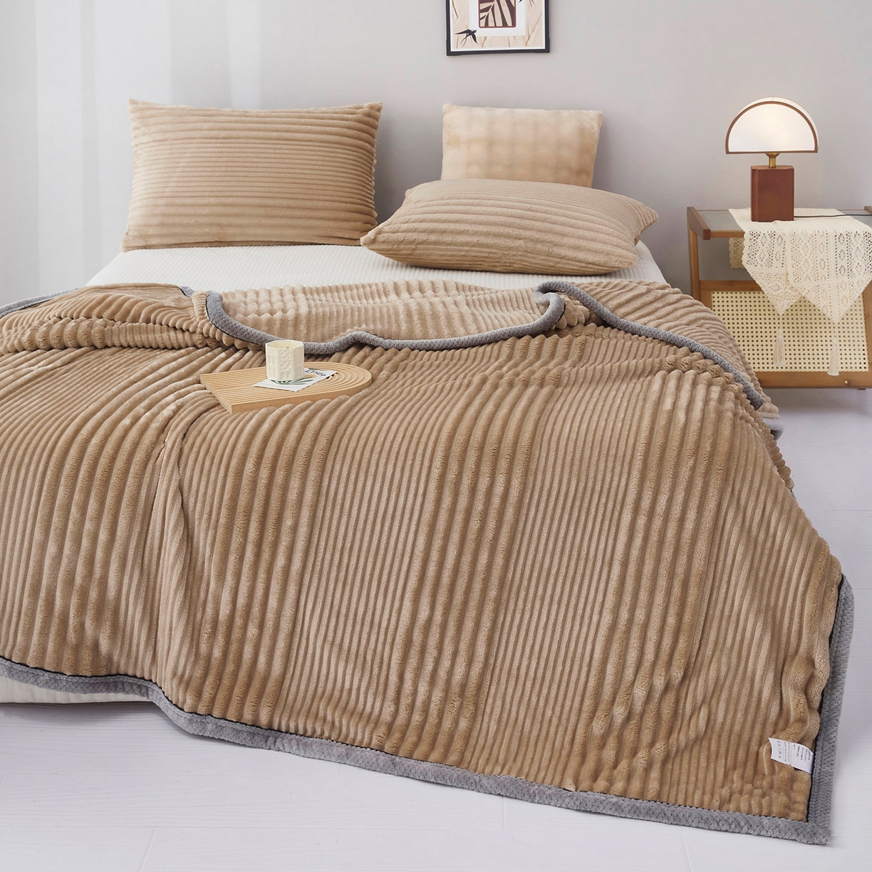 91家纺网 家纺一手货源 找家纺 肖恩毯业2025新款子母条兔毛绒毛毯盖毯休闲毯绒毯毯子跨境专供可打卷外贸出口可定制尺寸 子母-咖色