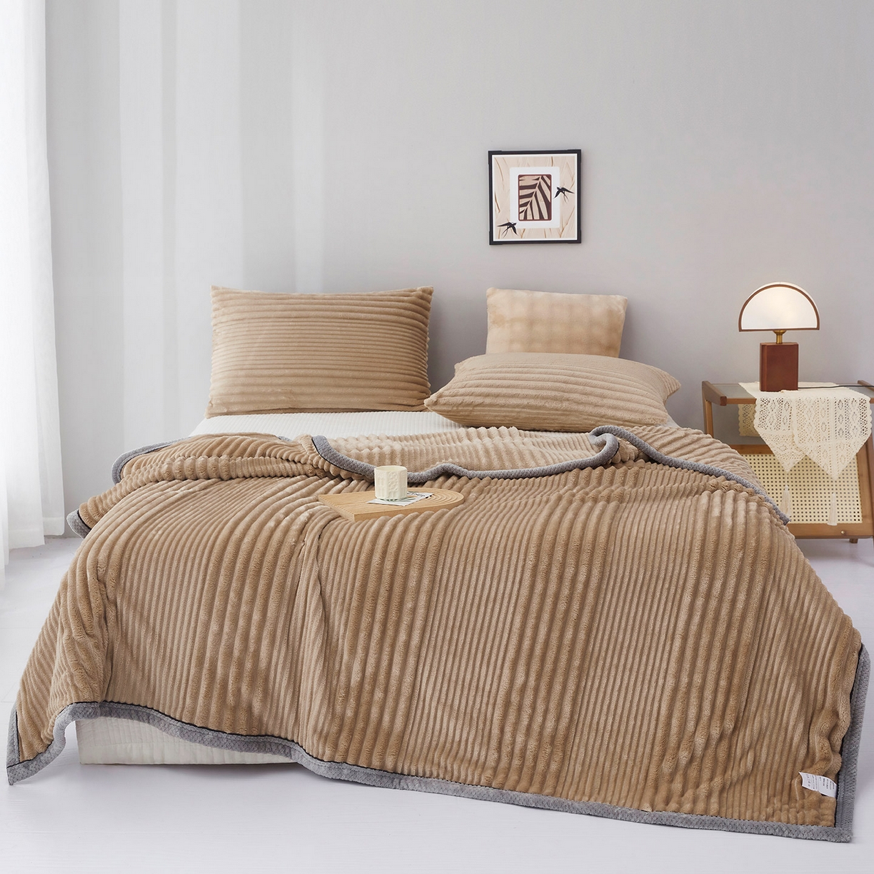 91家纺网 家纺一手货源 找家纺 肖恩毯业2025新款子母条兔毛绒毛毯盖毯休闲毯绒毯毯子跨境专供可打卷外贸出口可定制尺寸 子母-咖色