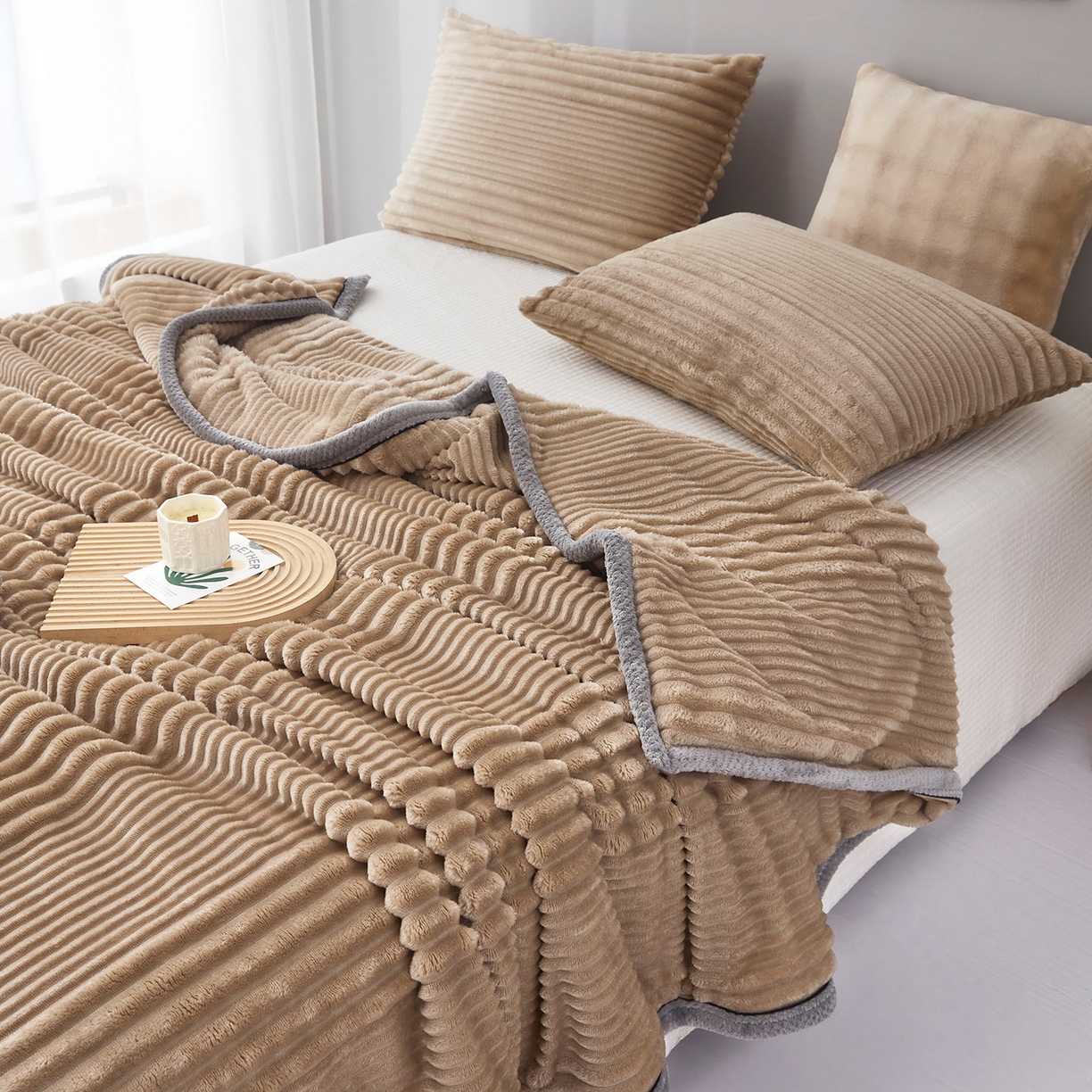 91家纺网 家纺一手货源 找家纺 肖恩毯业2025新款子母条兔毛绒毛毯盖毯休闲毯绒毯毯子跨境专供可打卷外贸出口可定制尺寸 子母-咖色