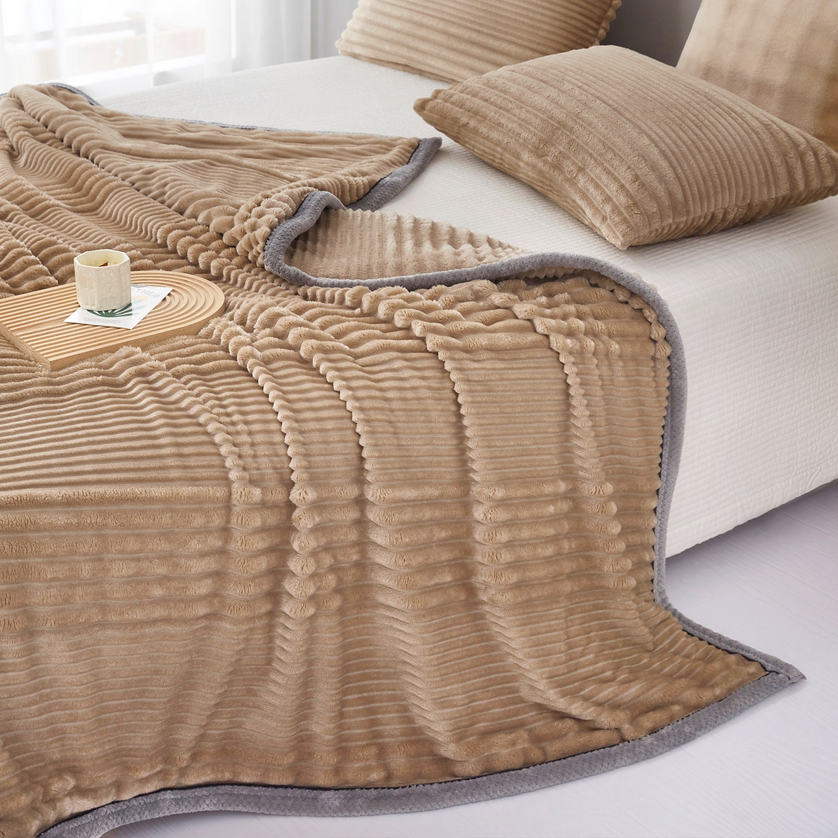 91家纺网 家纺一手货源 找家纺 肖恩毯业2025新款子母条兔毛绒毛毯盖毯休闲毯绒毯毯子跨境专供可打卷外贸出口可定制尺寸 子母-咖色