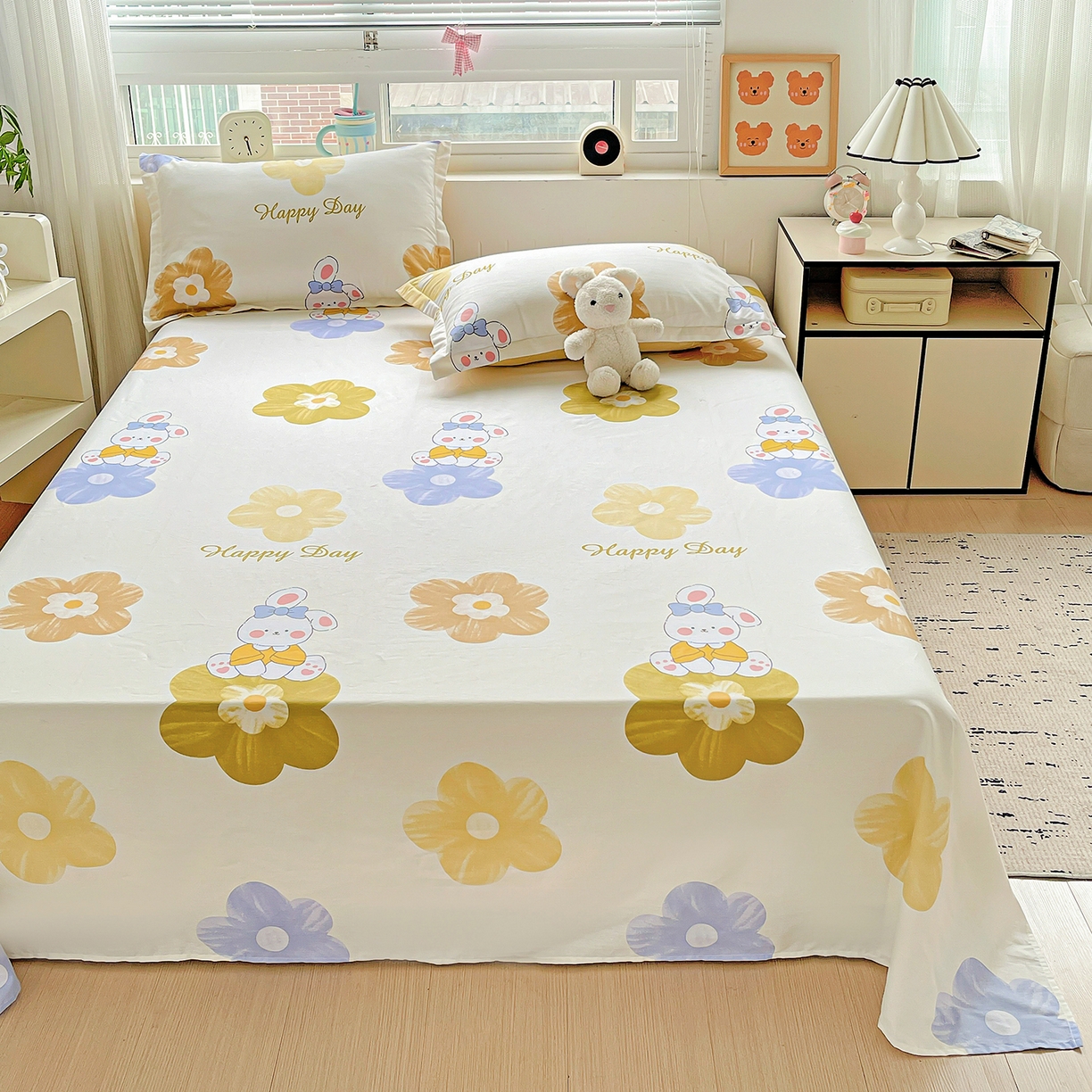 91家纺网 家纺一手货源 找家纺 恩泽家纺 2025新款加厚全棉纯棉印花系列床单单件-单床单 小兔花