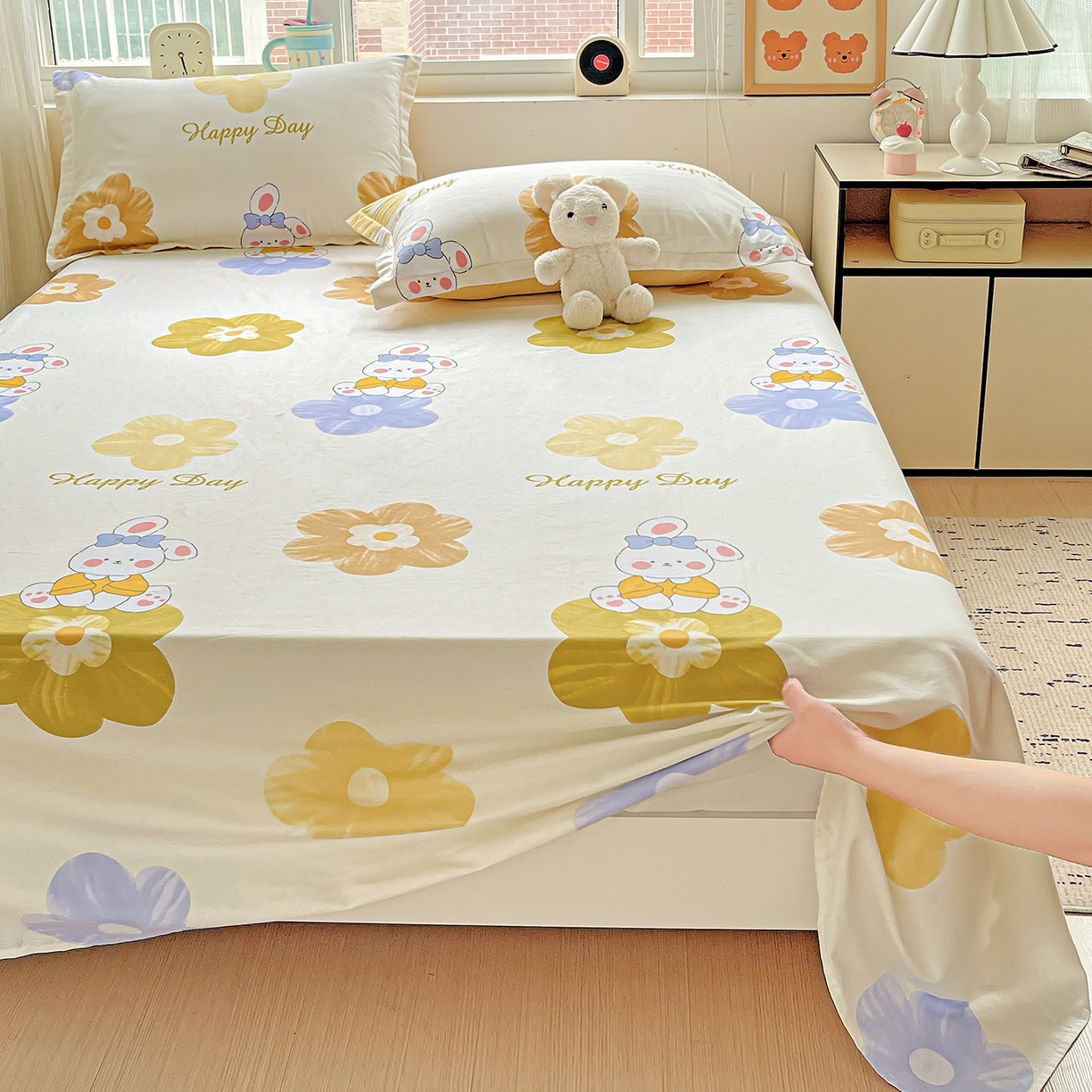 91家纺网 家纺一手货源 找家纺 恩泽家纺 2025新款加厚全棉纯棉印花系列床单单件-单床单 小兔花