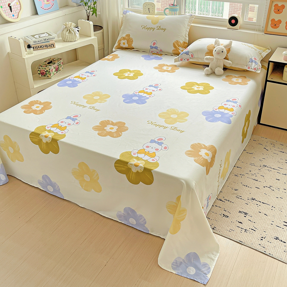 91家纺网 家纺一手货源 找家纺 恩泽家纺 2025新款加厚全棉纯棉印花系列床单单件-单床单 小兔花