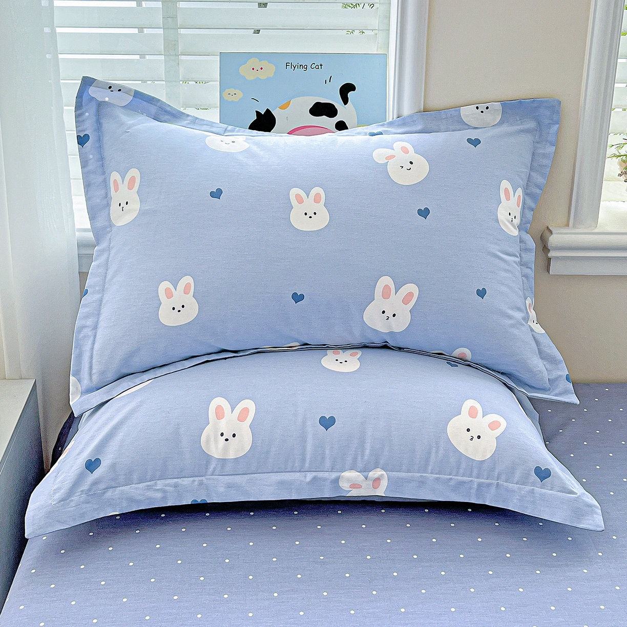 91家纺网 家纺一手货源 找家纺 恩泽家纺 2025新款加厚全棉纯棉印花系列枕套单件-单枕套 桃心小兔