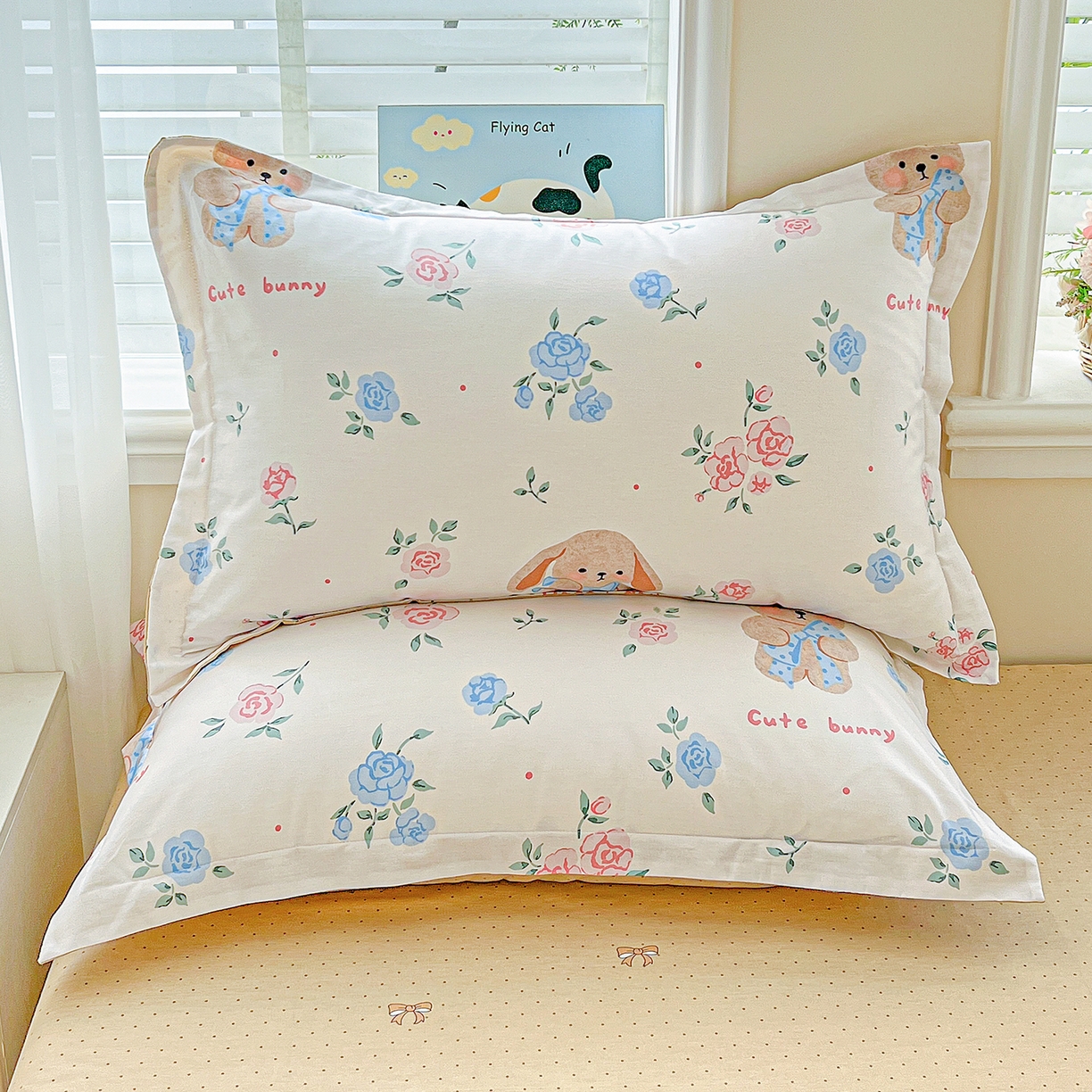 恩泽家纺 2025新款加厚全棉纯棉印花系列枕套单件-单枕套 花圃小兔