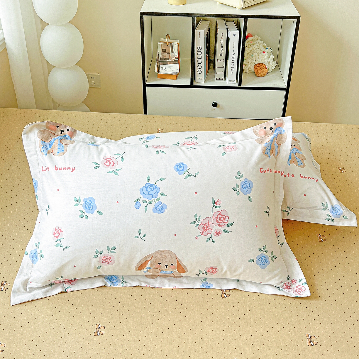 91家纺网 家纺一手货源 找家纺 恩泽家纺 2025新款加厚全棉纯棉印花系列枕套单件-单枕套 花圃小兔