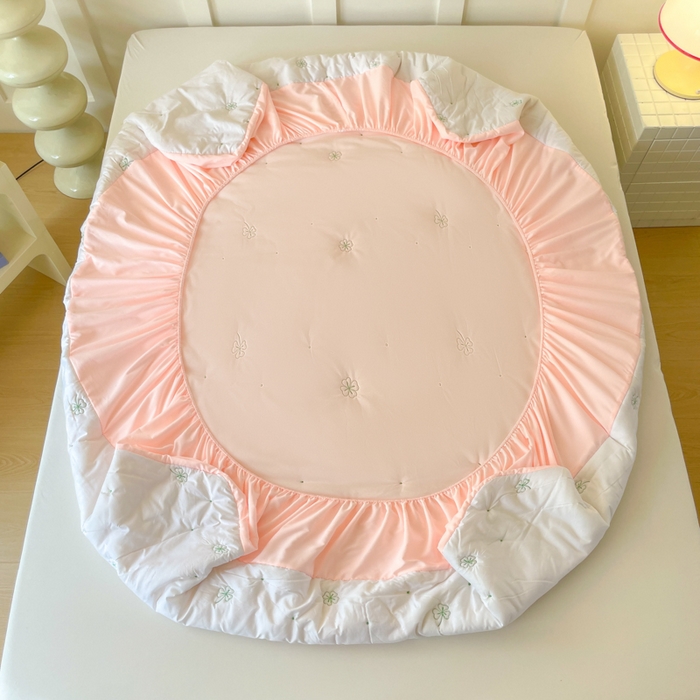 91家纺网 家纺一手货源 找家纺 贝拉梦家纺 2025水洗棉刺绣夹棉床笠防滑床罩床垫保护套 金缕扇-粉玉