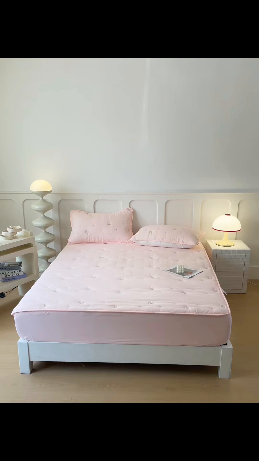 91家纺网 家纺一手货源 找家纺 贝拉梦家纺 2025水洗棉刺绣夹棉床笠防滑床罩床垫保护套 金缕扇-粉玉