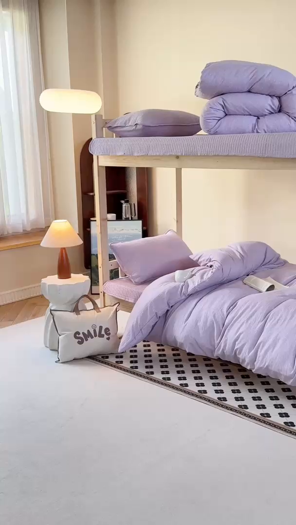 91家纺网 家纺一手货源 找家纺 梦莱斯2025新款皱皱棉学生款床盖三件套 波点紫